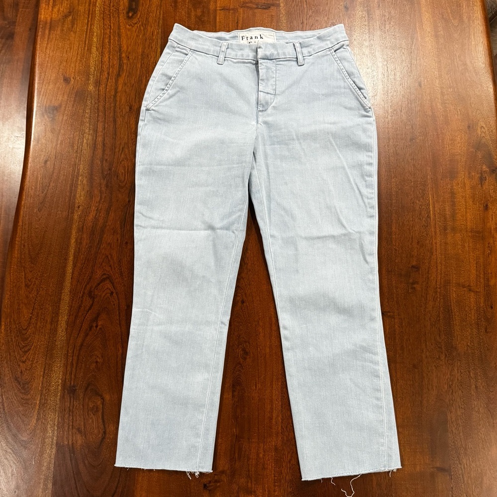 Frank & Eileen Wicklow Pants Light Blue Denim Size 6 Raw Hem Cropped Chino